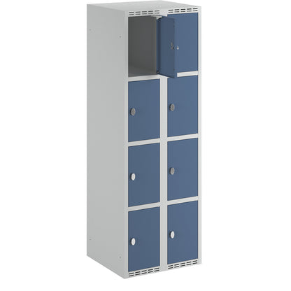 Fydor 4-fold compartment locker, 2 compartments, light grey / brilliant blue, W 600 mm, 2 compartments, flat roof shape, padlock.