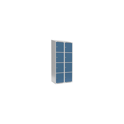 Fydor 4-fold compartment locker, 2 compartments, light grey / brilliant blue, W 800 mm, 2 compartments, sloping roof shape, padlock.