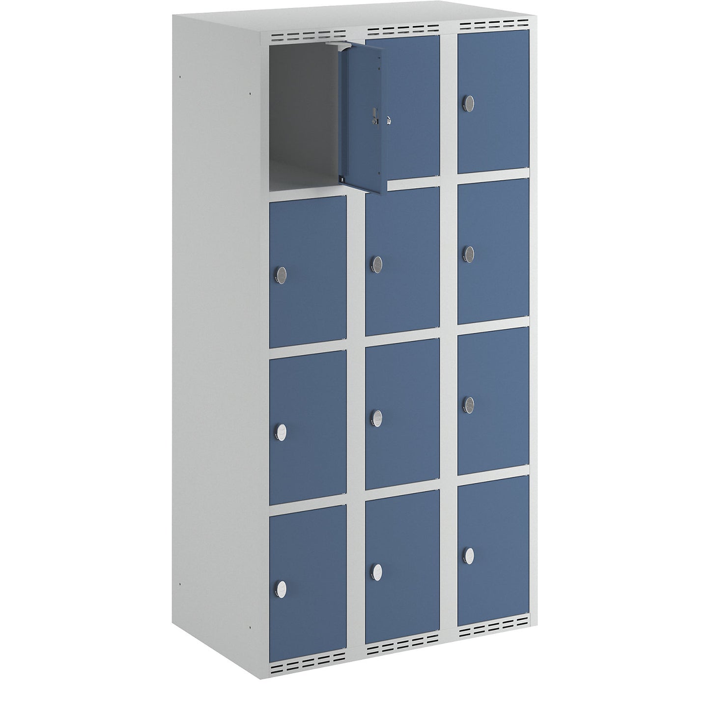 Fydor 4-fold compartment locker, 3 compartments, light grey / brilliant blue, W 900 mm, 3 compartments, flat roof shape, padlock.