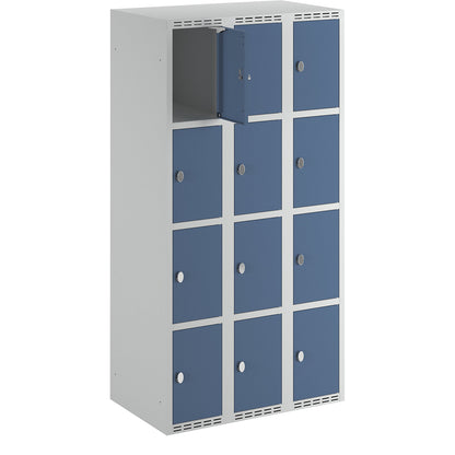 Fydor 4-fold compartment locker, 3 compartments, light grey / brilliant blue, W 900 mm, 3 compartments, flat roof shape, padlock.