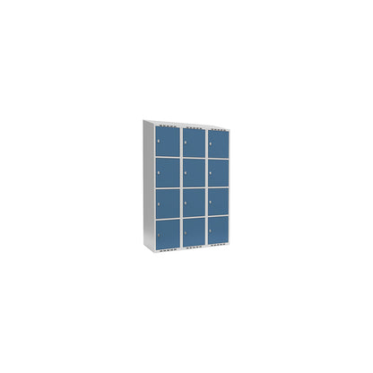 Fydor 4-fold compartment locker, 3 compartments, light grey / brilliant blue, W 1200 mm, 3 compartments, sloping roof shape, padlock.