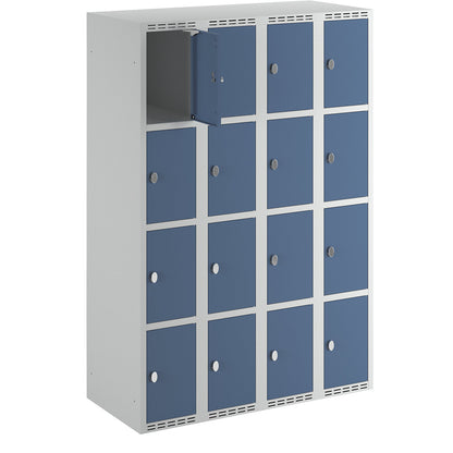 Fydor 4-fold compartment locker, 4 compartments, light grey / brilliant blue, W 1200 mm, 4 compartments, flat roof shape, padlock.