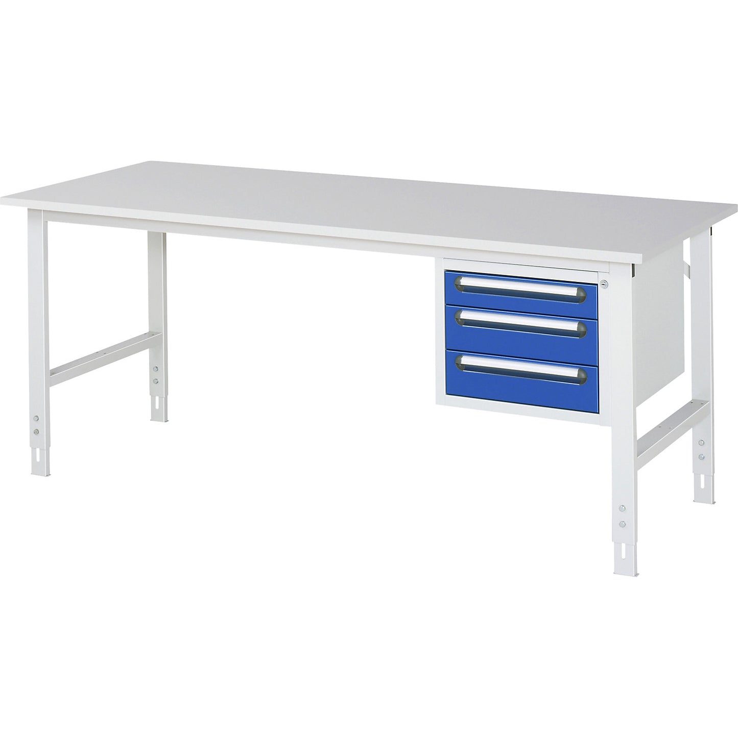 Work table with drawer cupboard, base container with 3 drawers 1 x 90, 2 x 120 mm, WxD 2000 x 800 mm, melamine panel, thickness 22 mm.