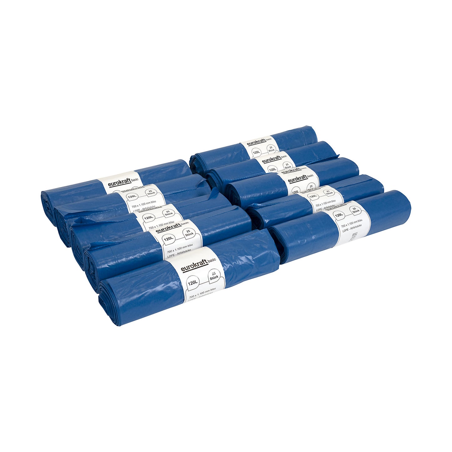 Waste sacks, 100% PCR LDPE, 120 l, 37 µm, WxL 700 x 1100 mm, pack of 250, blue.