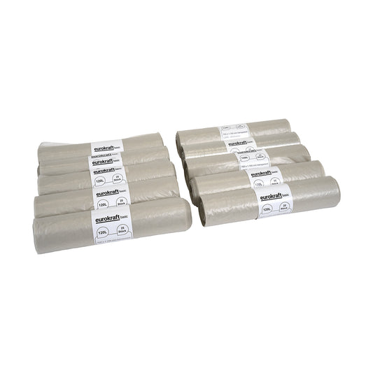 Waste sacks, 100% PCR LDPE, 120 l, 37 µm, WxL 700 x 1100 mm, pack of 250, transparent.