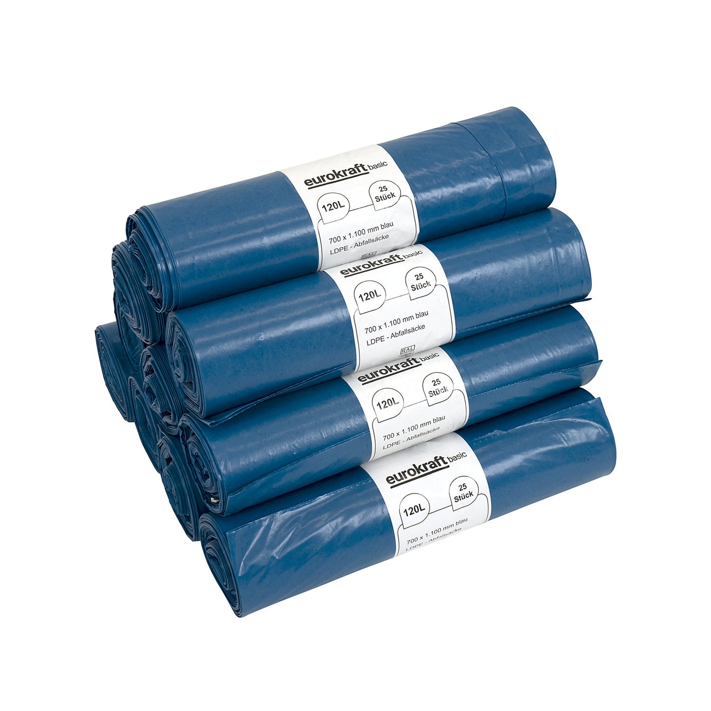Waste sacks, 100% PCR LDPE, 120 l, 52 µm, WxL 700 x 1100 mm, pack of 250, blue.