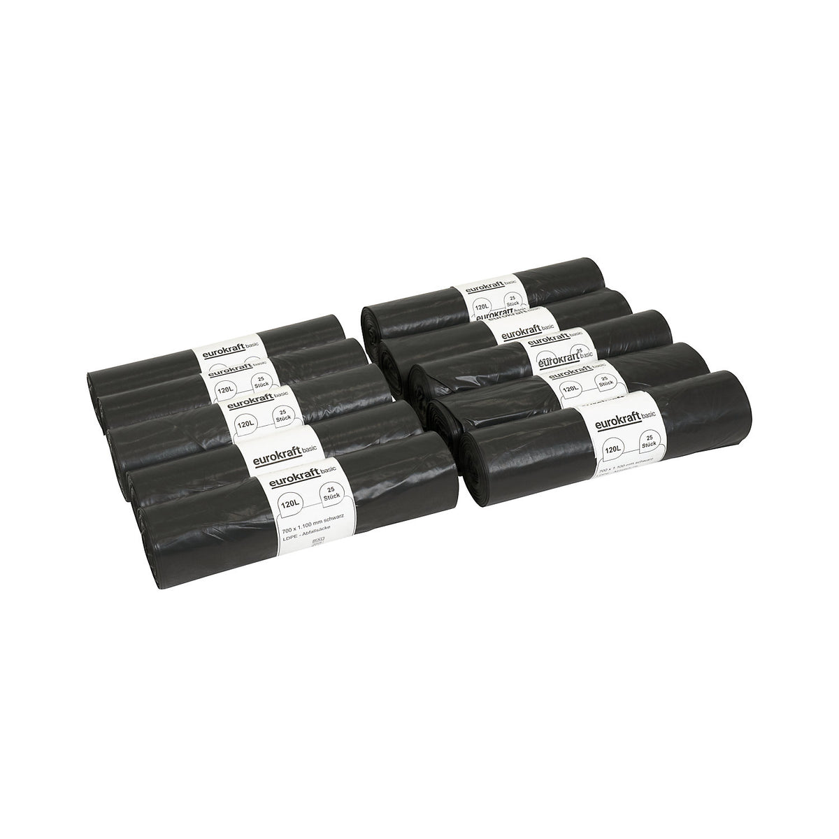 Waste sacks, 100% PCR LDPE, 120 l, 52 µm, WxL 700 x 1100 mm, pack of 250, black.