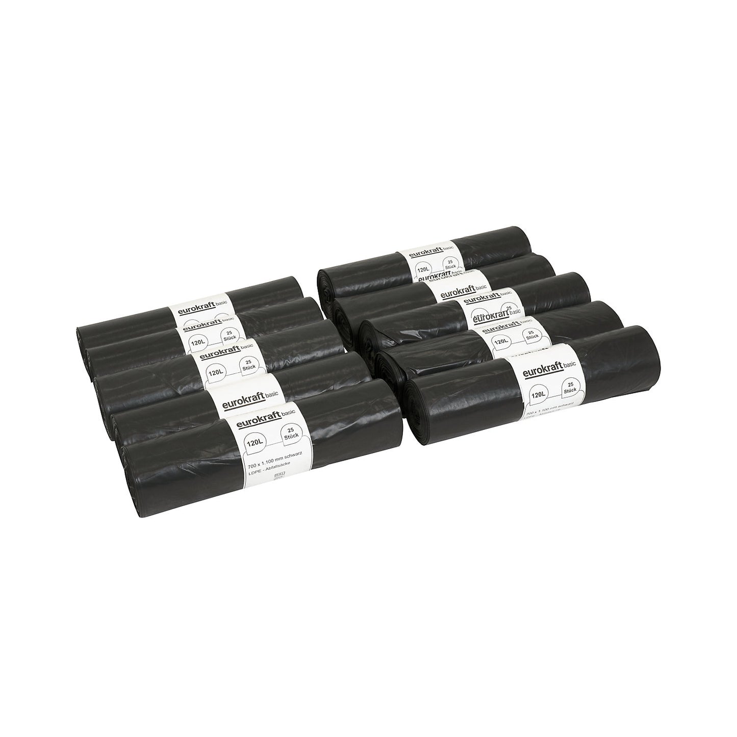 Waste sacks, 100% PCR LDPE, 120 l, 52 µm, WxL 700 x 1100 mm, pack of 250, black.