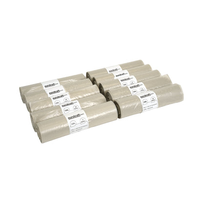 Waste sacks, 100% PCR LDPE, 120 l, 52 µm, WxL 700 x 1100 mm, pack of 250, transparent.