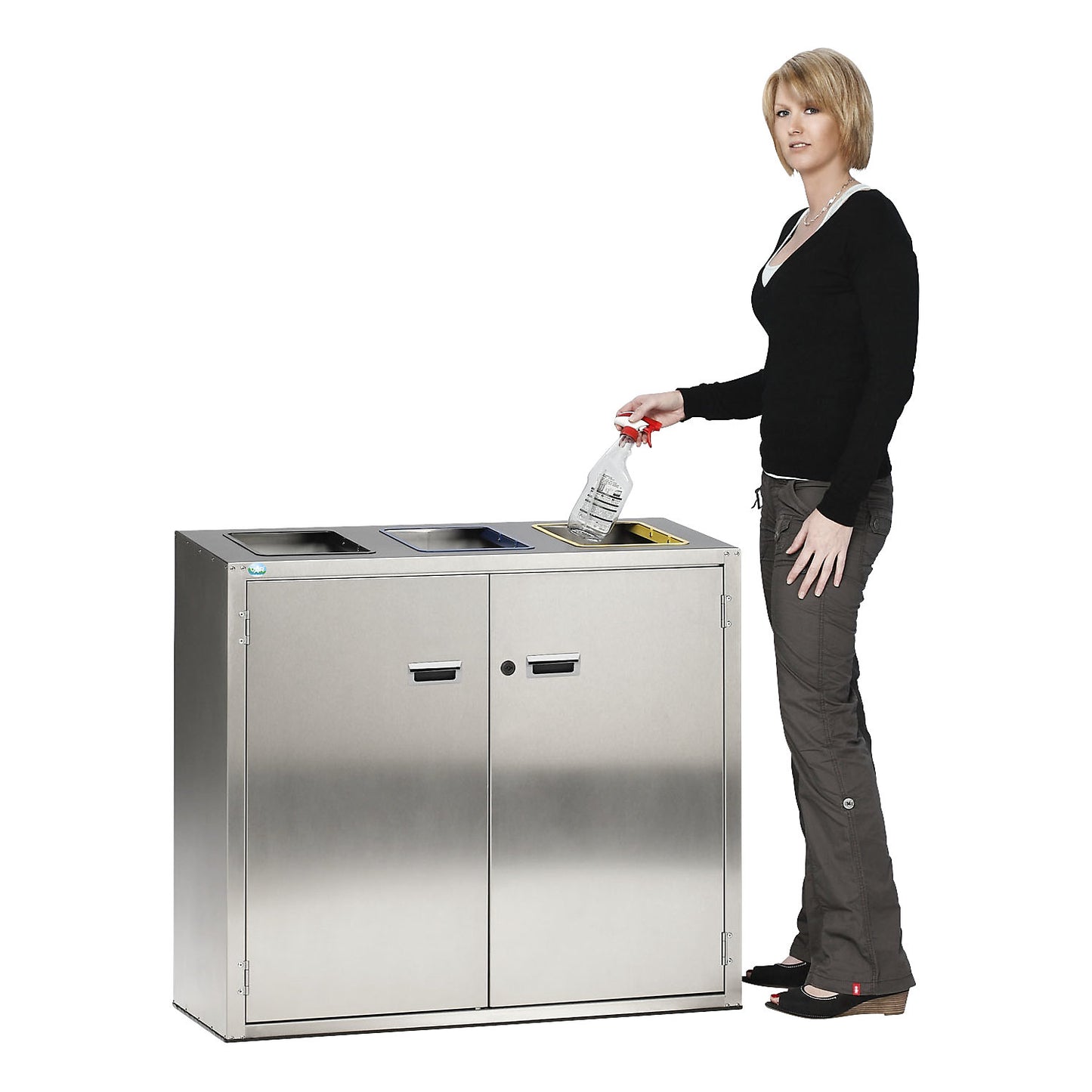 Recyclable waste sorting station, stainless steel, 3 x 90 l capacity, with open deposit hole.