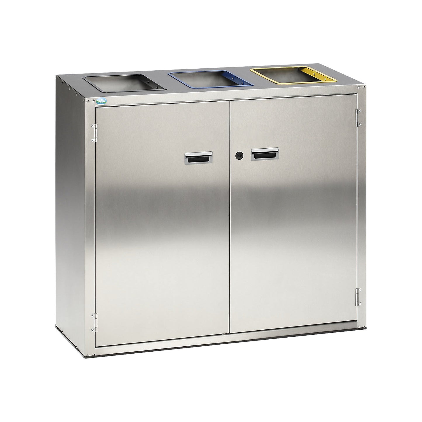 Recyclable waste sorting station, stainless steel, 3 x 90 l capacity, with open deposit hole.