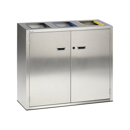 Recyclable waste sorting station, stainless steel, 3 x 90 l capacity, with open deposit hole.