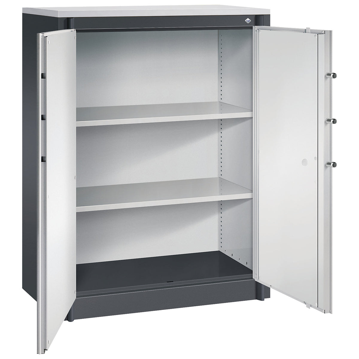 Certos fire protection cupboard, height 1226 mm, DIN 4102 compliant, W 926 mm, black grey/light grey.
