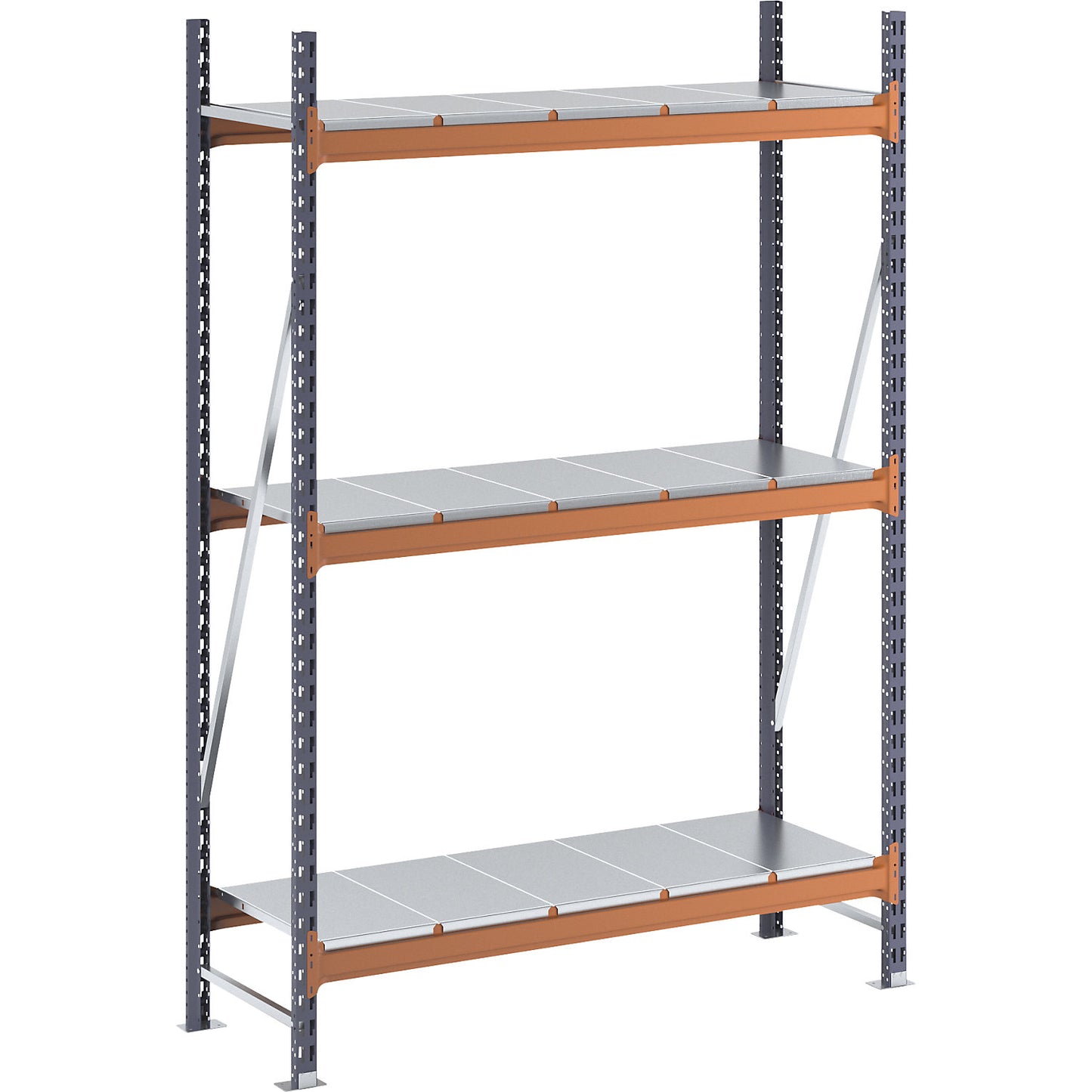 Wide span shelving unit, max. bay load 1600 kg, with steel sheet shelves, HxWxD 2000 x 1400 x 500 mm, standard shelf unit.