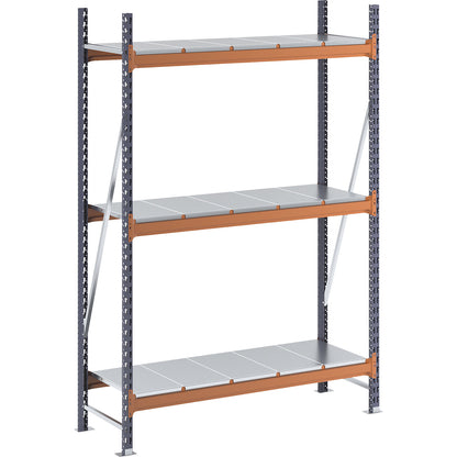 Wide span shelving unit, max. bay load 1600 kg, with steel sheet shelves, HxWxD 2000 x 1400 x 500 mm, standard shelf unit.