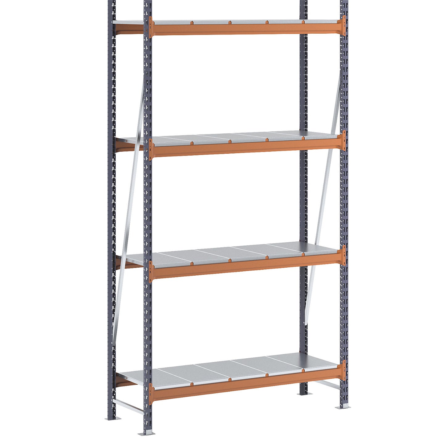 Wide span shelving unit, max. bay load 1600 kg, with steel sheet shelves, HxWxD 2500 x 1400 x 500 mm, standard shelf unit.