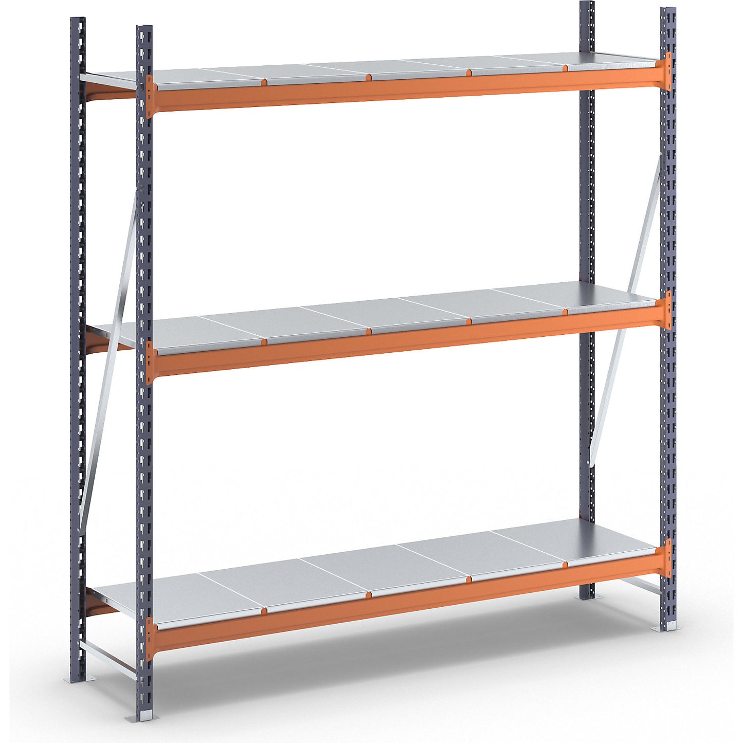 Wide span shelving unit, max. bay load 1600 kg, with steel sheet shelves, HxWxD 2000 x 1900 x 500 mm, standard shelf unit.