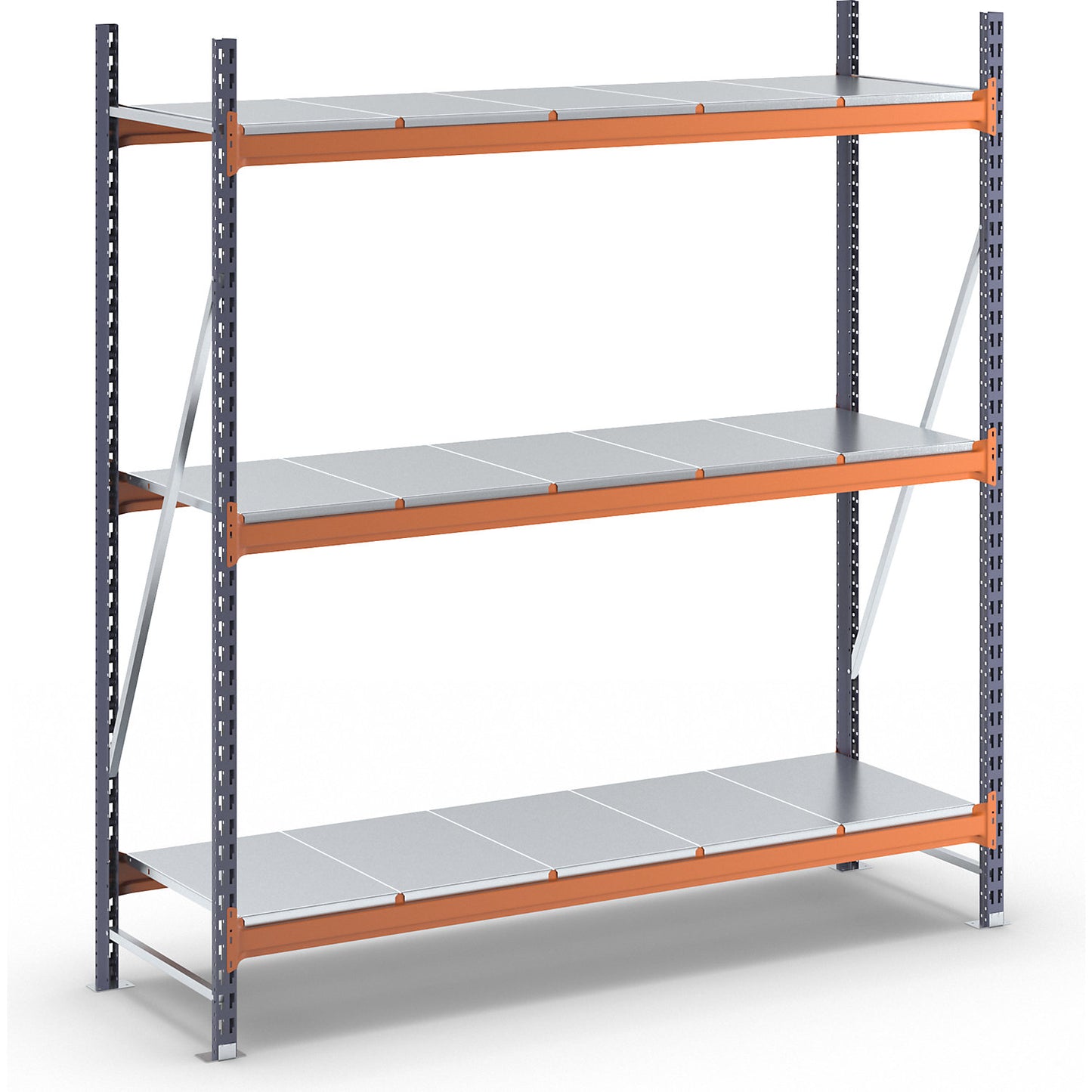 Wide span shelving unit, max. bay load 1600 kg, with steel sheet shelves, HxWxD 2000 x 1900 x 600 mm, standard shelf unit.
