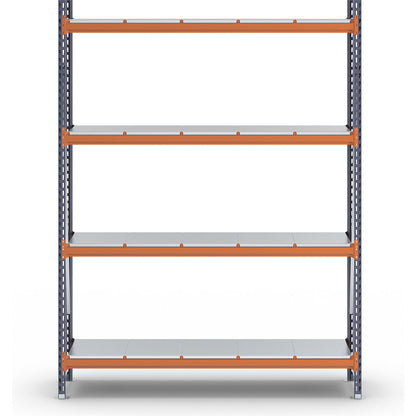 Wide span shelving unit, max. bay load 1600 kg, with steel sheet shelves, HxWxD 2500 x 1900 x 500 mm, standard shelf unit.