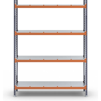 Wide span shelving unit, max. bay load 1600 kg, with steel sheet shelves, HxWxD 2500 x 1900 x 600 mm, standard shelf unit.