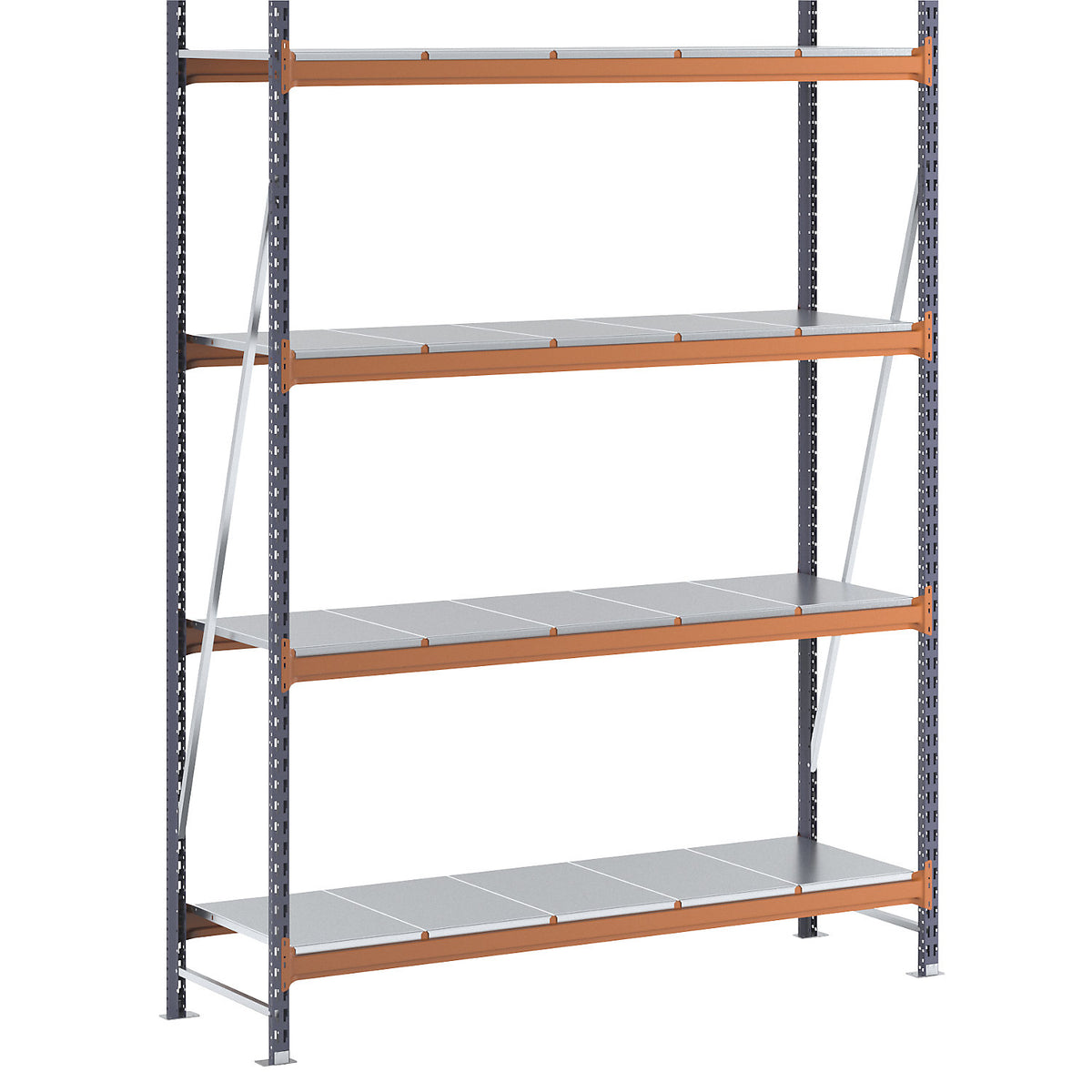 Wide span shelving unit, max. bay load 1600 kg, with steel sheet shelves, HxWxD 2500 x 1900 x 600 mm, standard shelf unit.