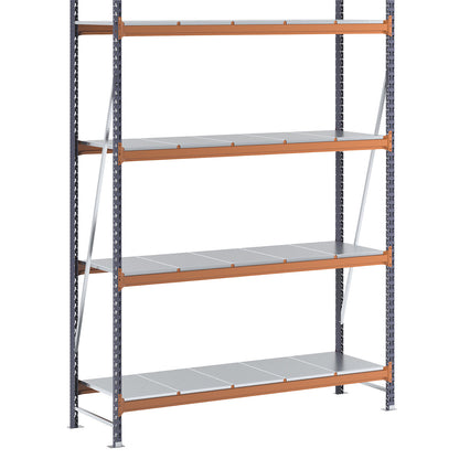 Wide span shelving unit, max. bay load 1600 kg, with steel sheet shelves, HxWxD 2500 x 1900 x 600 mm, standard shelf unit.