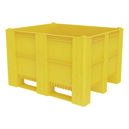 Polyethylene pallet box, capacity 600 l, model with 3 runners, yellow, 1+ items.
