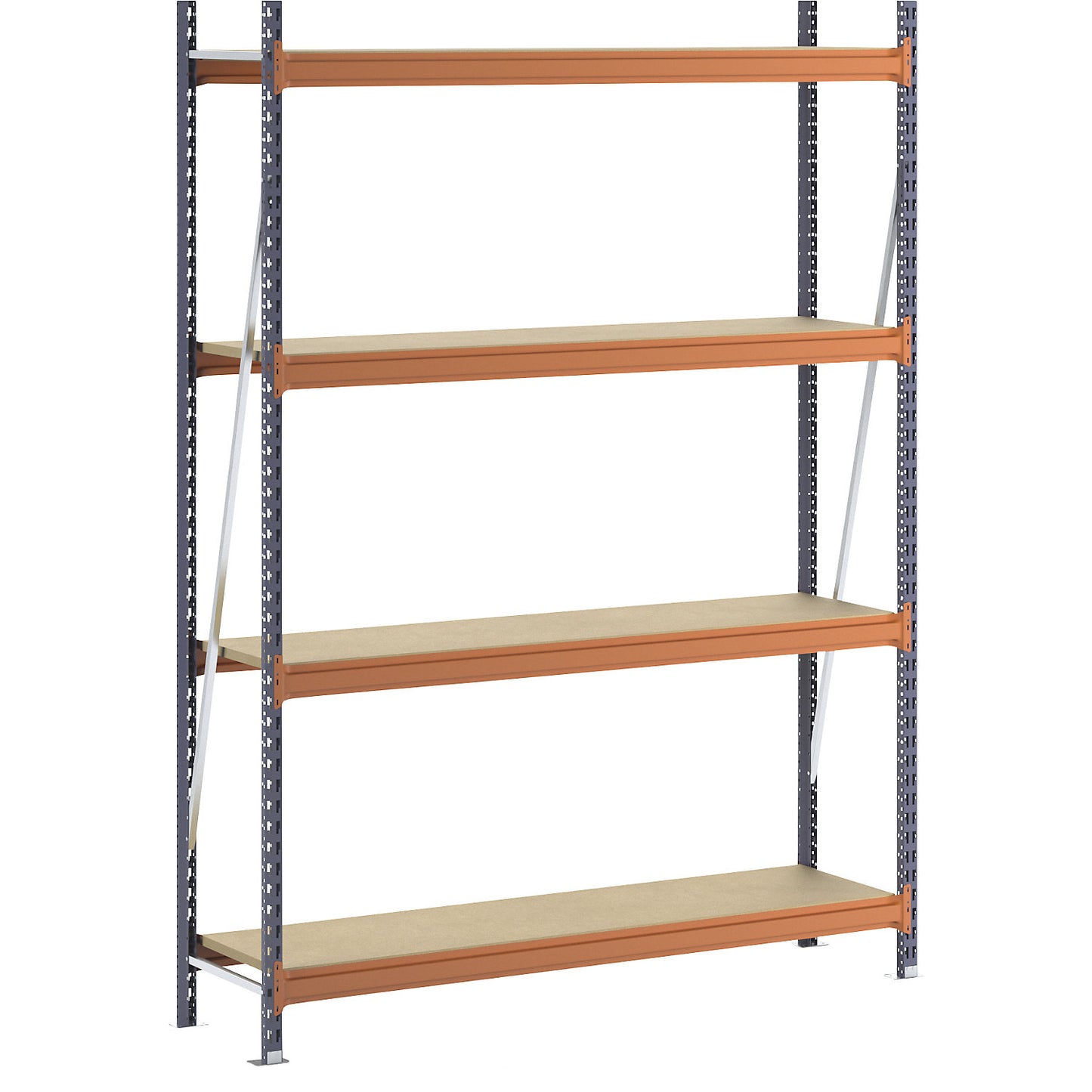 Wide span shelving unit, max. bay load 1600 kg, with moulded chipboard, HxWxD 2500 x 1900 x 500 mm, standard shelf unit.