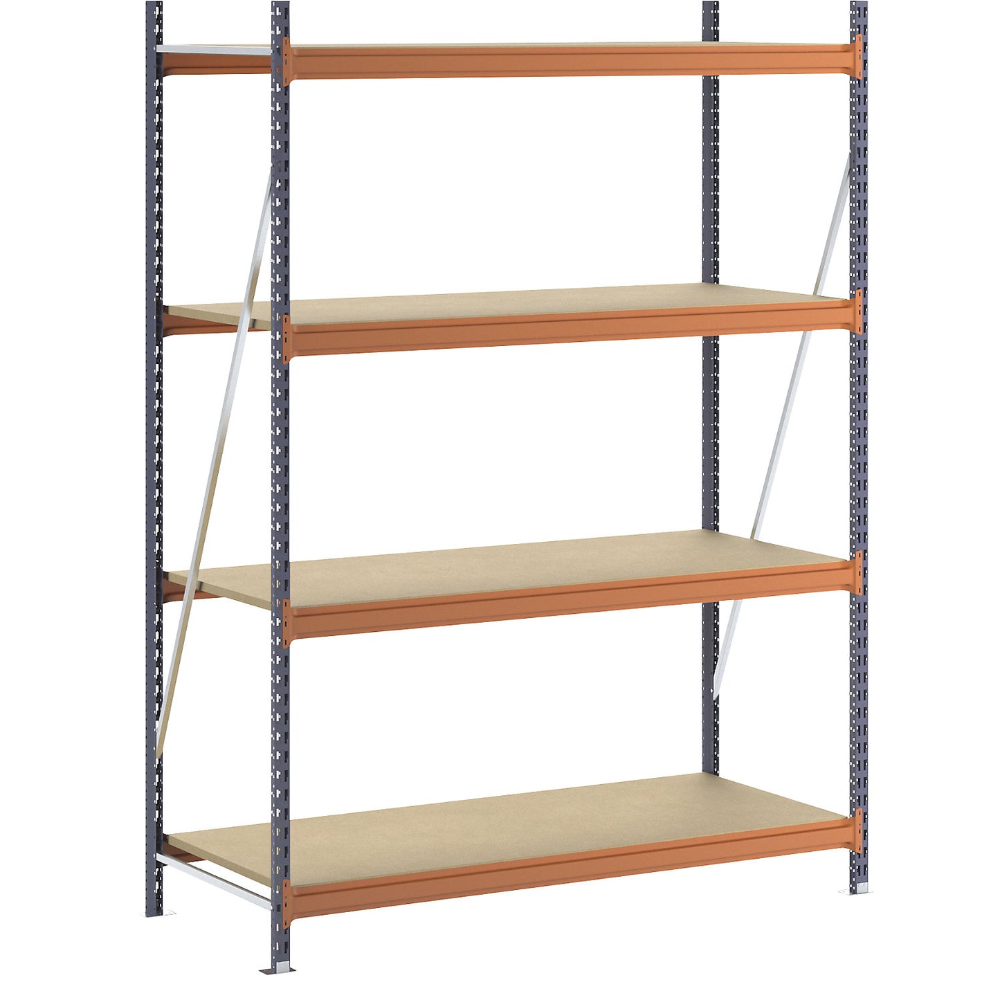 Wide span shelving unit, max. bay load 1600 kg, with moulded chipboard, HxWxD 2500 x 1900 x 800 mm, standard shelf unit.