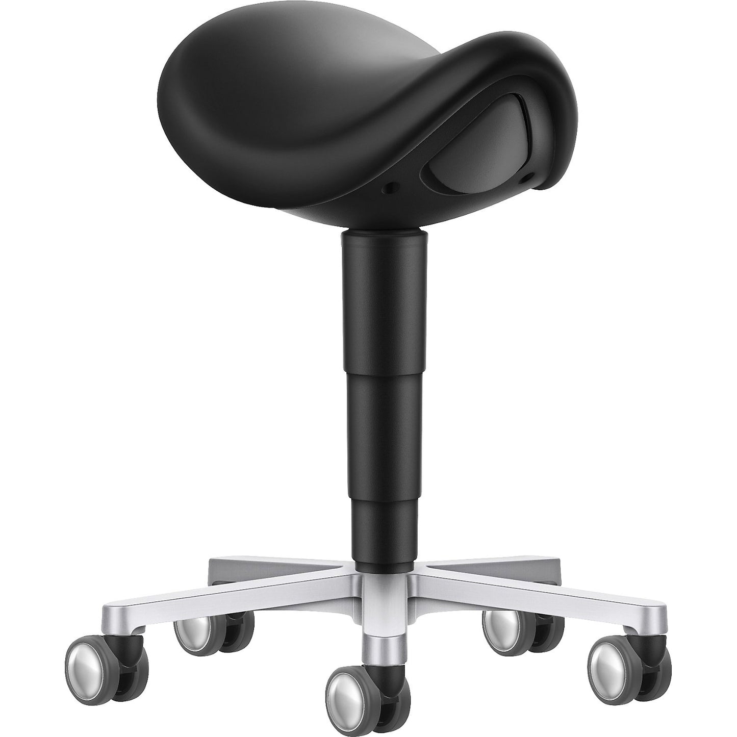 Saddle stool, with castors, vinyl, black.