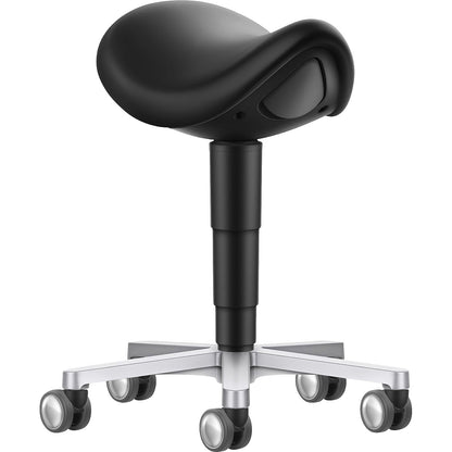 Saddle stool, with castors, vinyl, black.