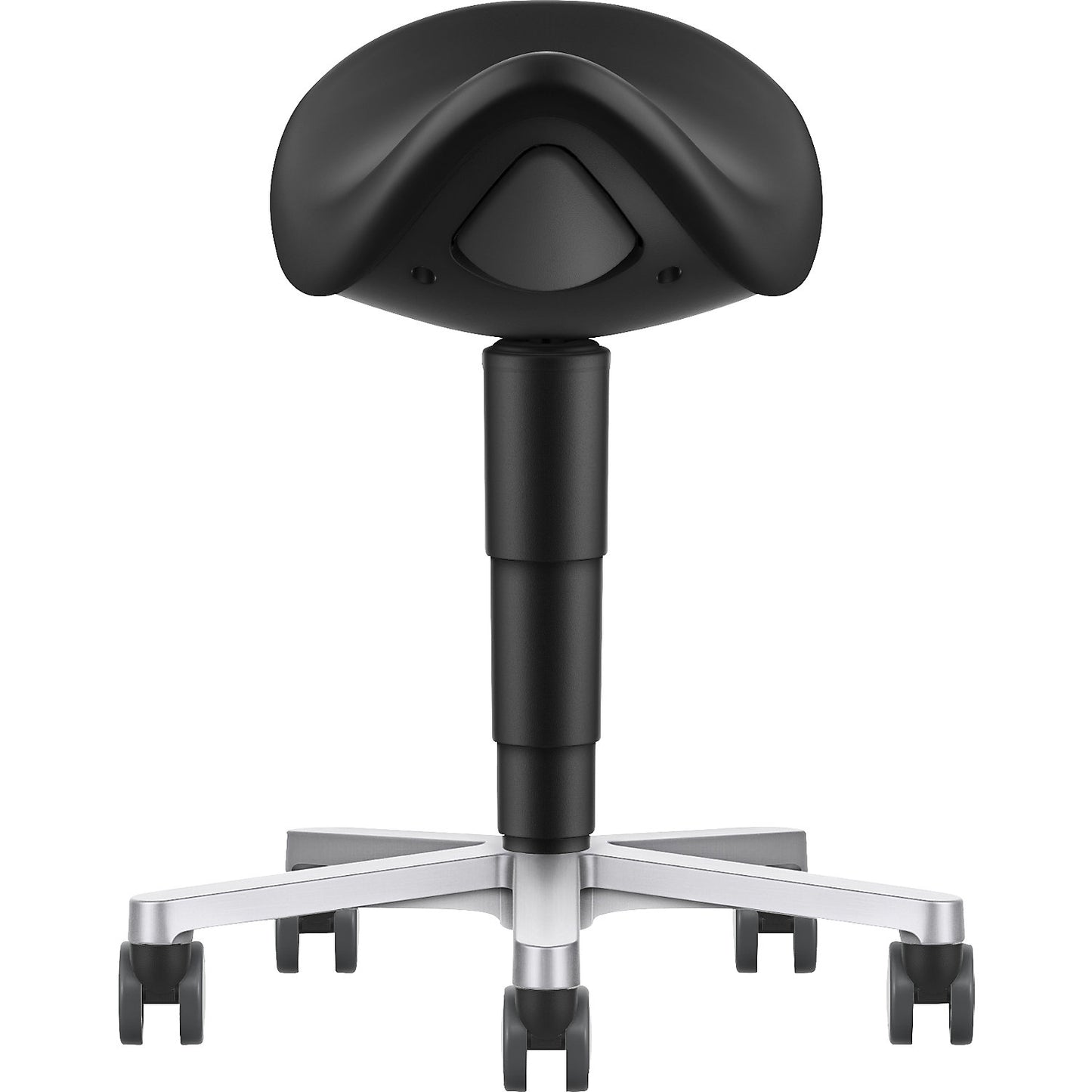 Saddle stool, with castors, vinyl, black.