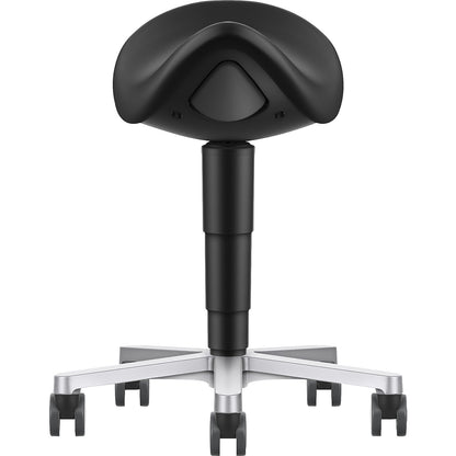 Saddle stool, with castors, vinyl, black.