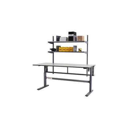 Work table, electric height adjustment, with 2 shelves, width 1600 mm.