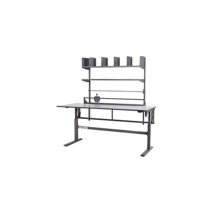 Packing table, electrically height adjustable, with 2 shelves, paper/film dispenser and cutting unit, width 2000 mm.