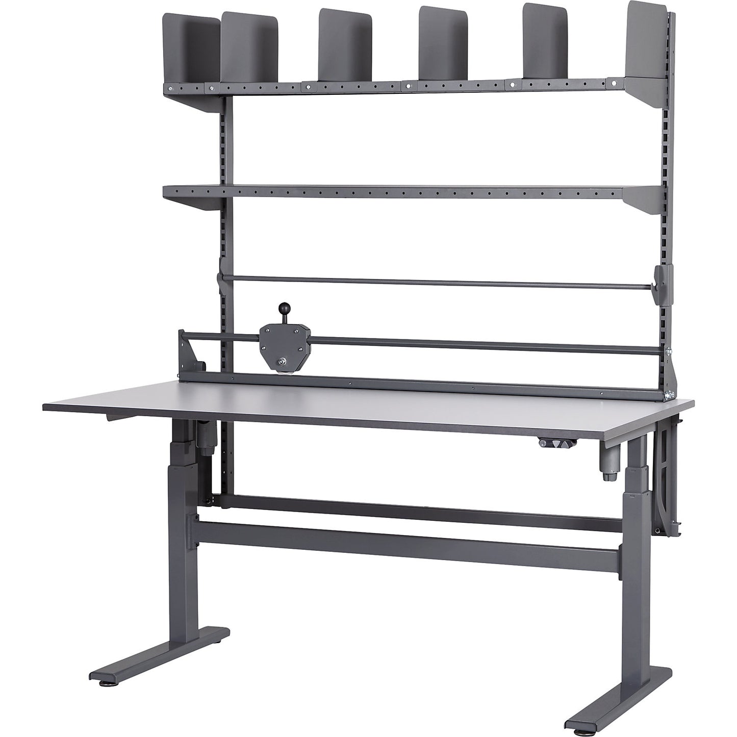 Packing table, electrically height adjustable, with 2 shelves, paper/film dispenser and cutting unit, width 1600 mm.