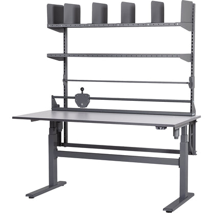 Packing table, electrically height adjustable, with 2 shelves, paper/film dispenser and cutting unit, width 1600 mm.
