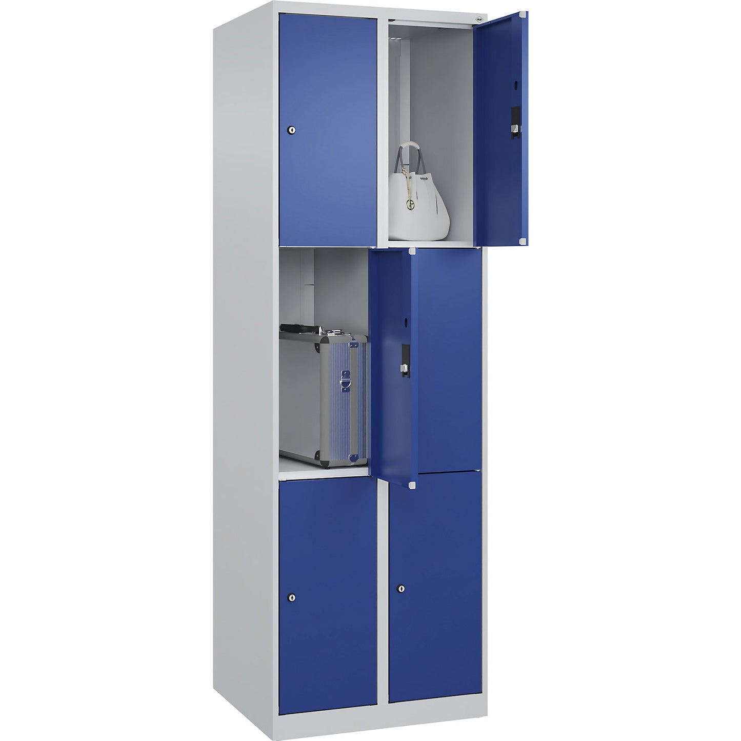 Classic PLUS 3-fold compartment locker, 2 compartments, light grey/gentian blue, W 600 mm, 6 compartments, with floor glides.