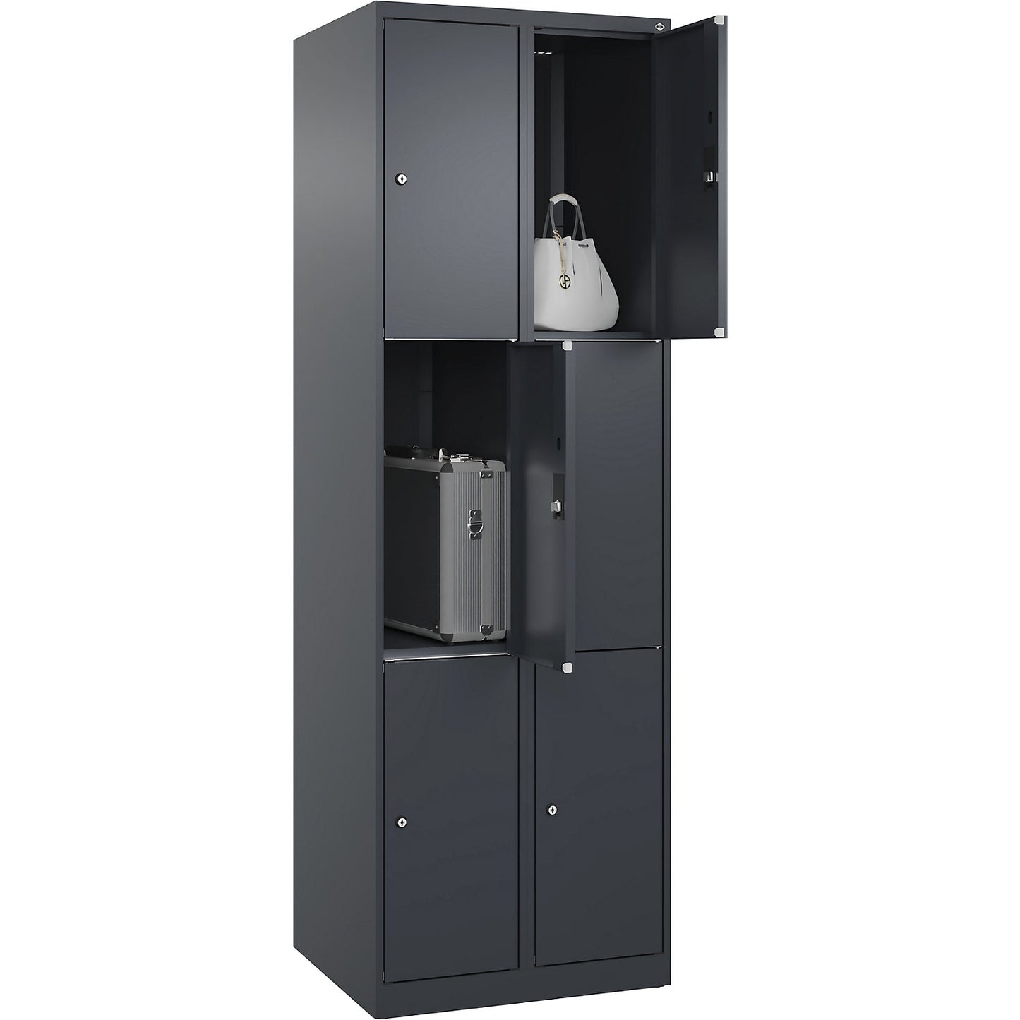 Classic PLUS 3-fold compartment locker, 2 compartments, grey, W 600 mm, 6 compartments, with floor glides.