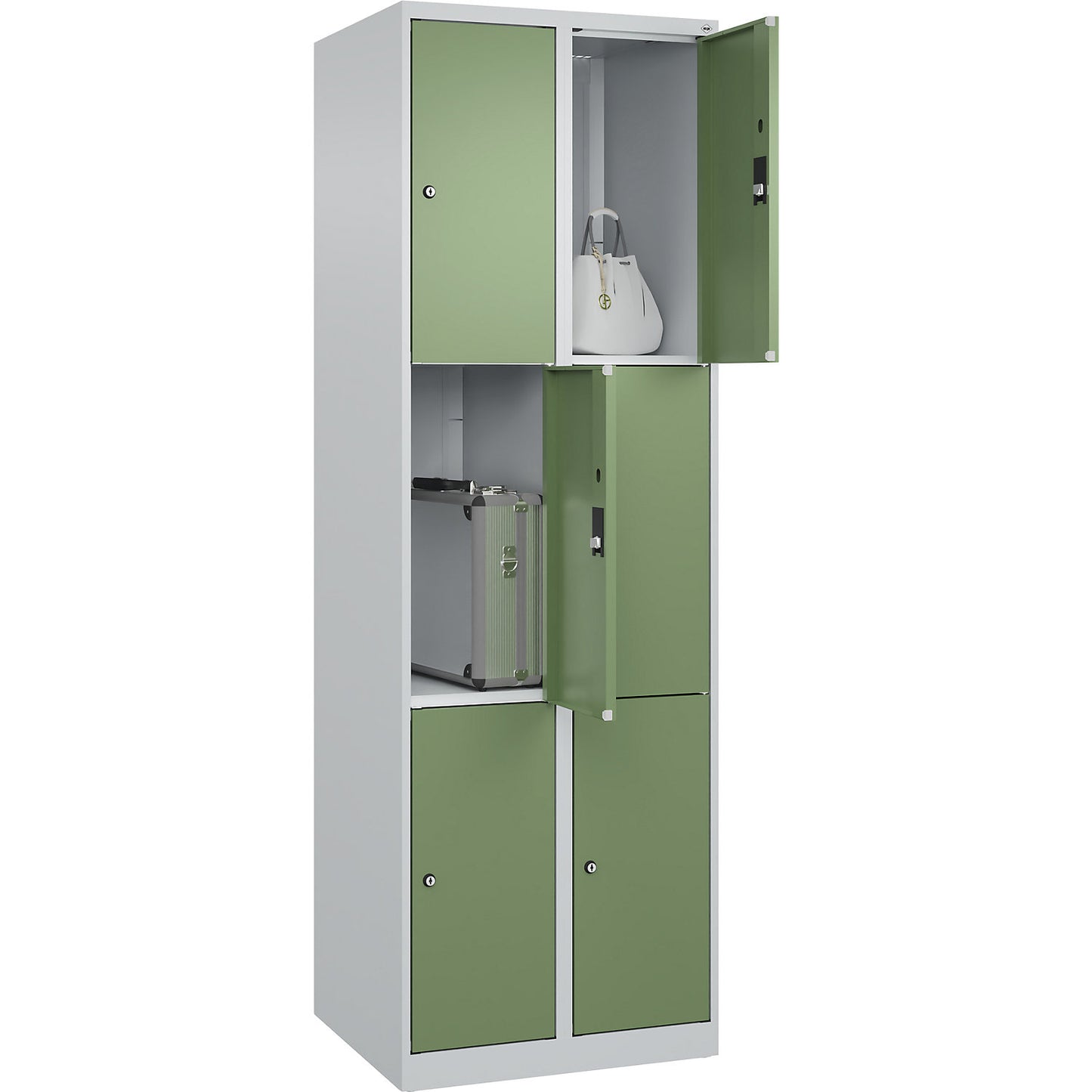 Classic PLUS 3-fold compartment locker, 2 compartments, light grey/reseda green, W 600 mm, 6 compartments, with floor glides.