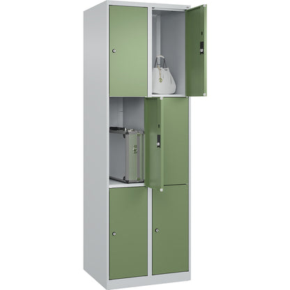 Classic PLUS 3-fold compartment locker, 2 compartments, light grey/reseda green, W 600 mm, 6 compartments, with floor glides.