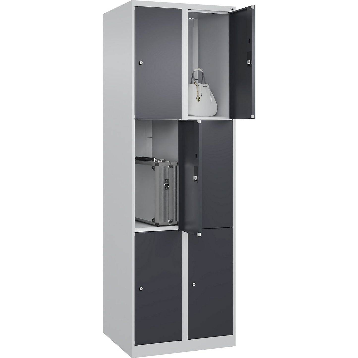 Classic PLUS 3-fold compartment locker, 2 compartments, light grey/grey, W 600 mm, 6 compartments, with floor glides.