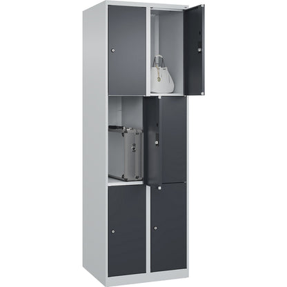 Classic PLUS 3-fold compartment locker, 2 compartments, light grey/grey, W 600 mm, 6 compartments, with floor glides.