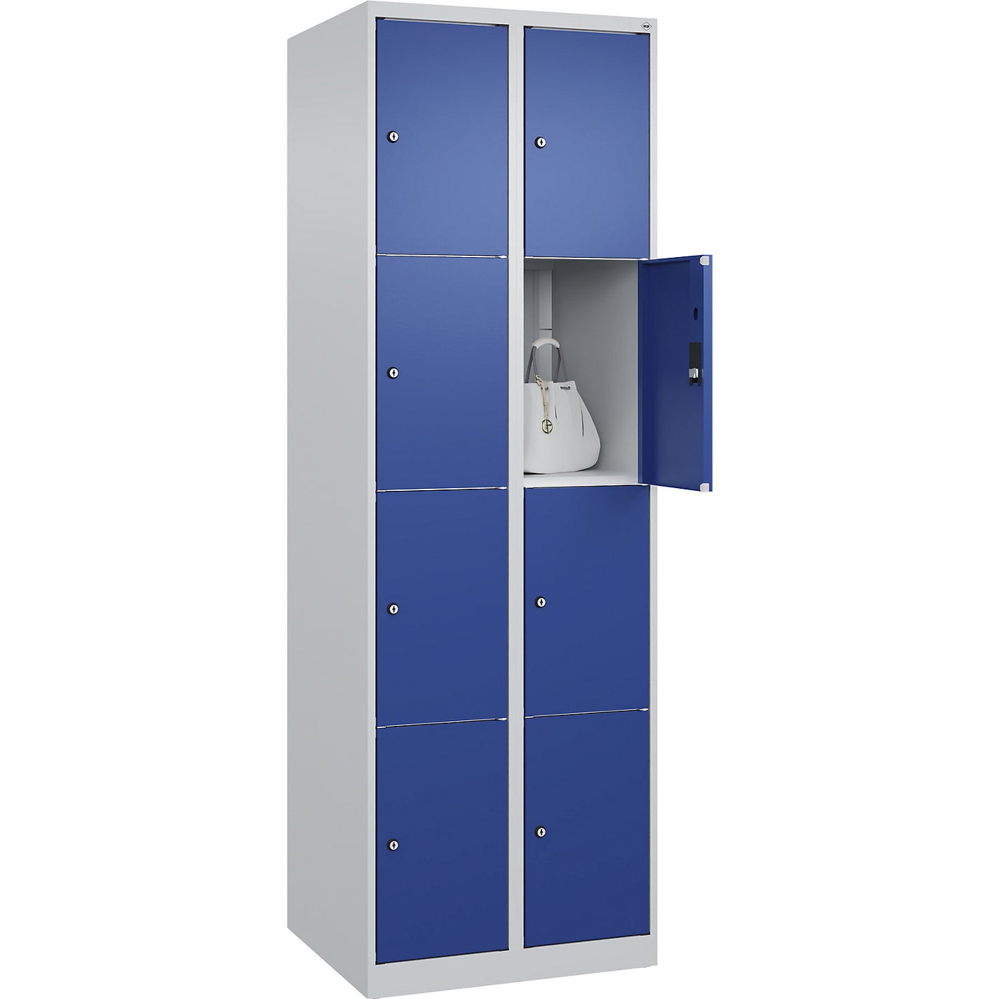 Classic PLUS 4-fold compartment locker, 2 compartments, light grey/gentian blue, W 600 mm, 8 compartments, with floor glides.