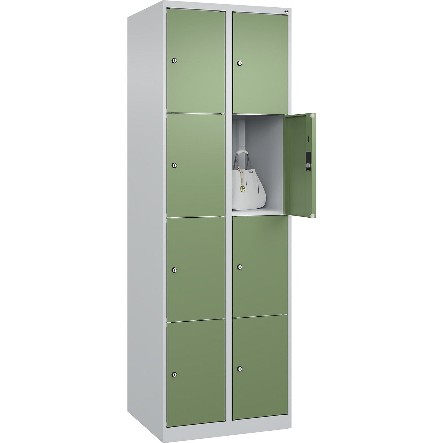 Classic PLUS 4-fold compartment locker, 2 compartments, light grey/reseda green, W 600 mm, 8 compartments, with floor glides.