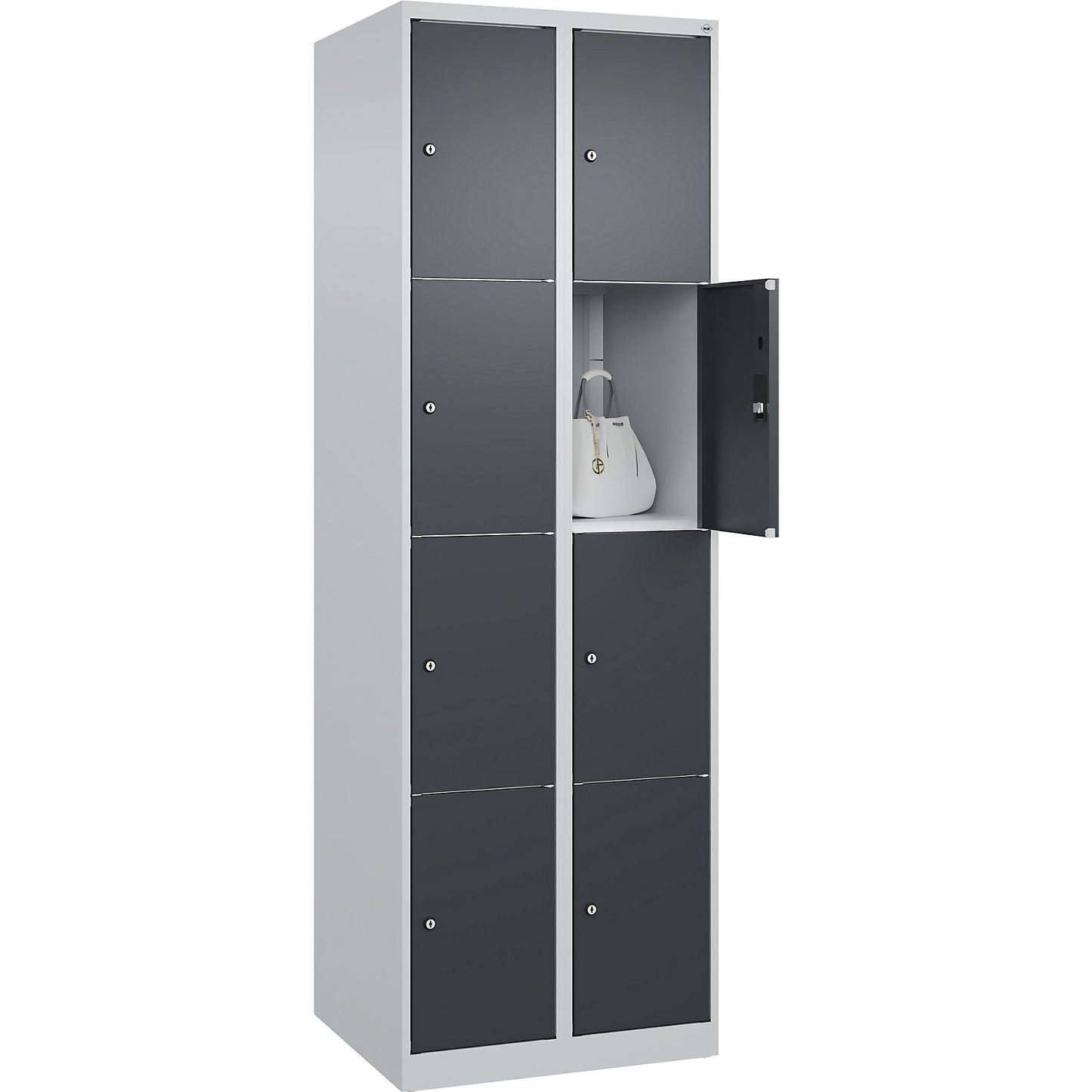Classic PLUS 4-fold compartment locker, 2 compartments, light grey/grey, W 600 mm, 8 compartments, with floor glides.