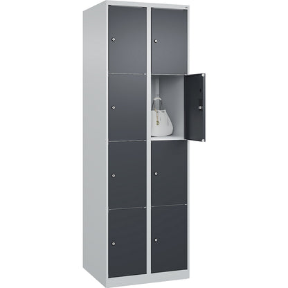 Classic PLUS 4-fold compartment locker, 2 compartments, light grey/grey, W 600 mm, 8 compartments, with floor glides.