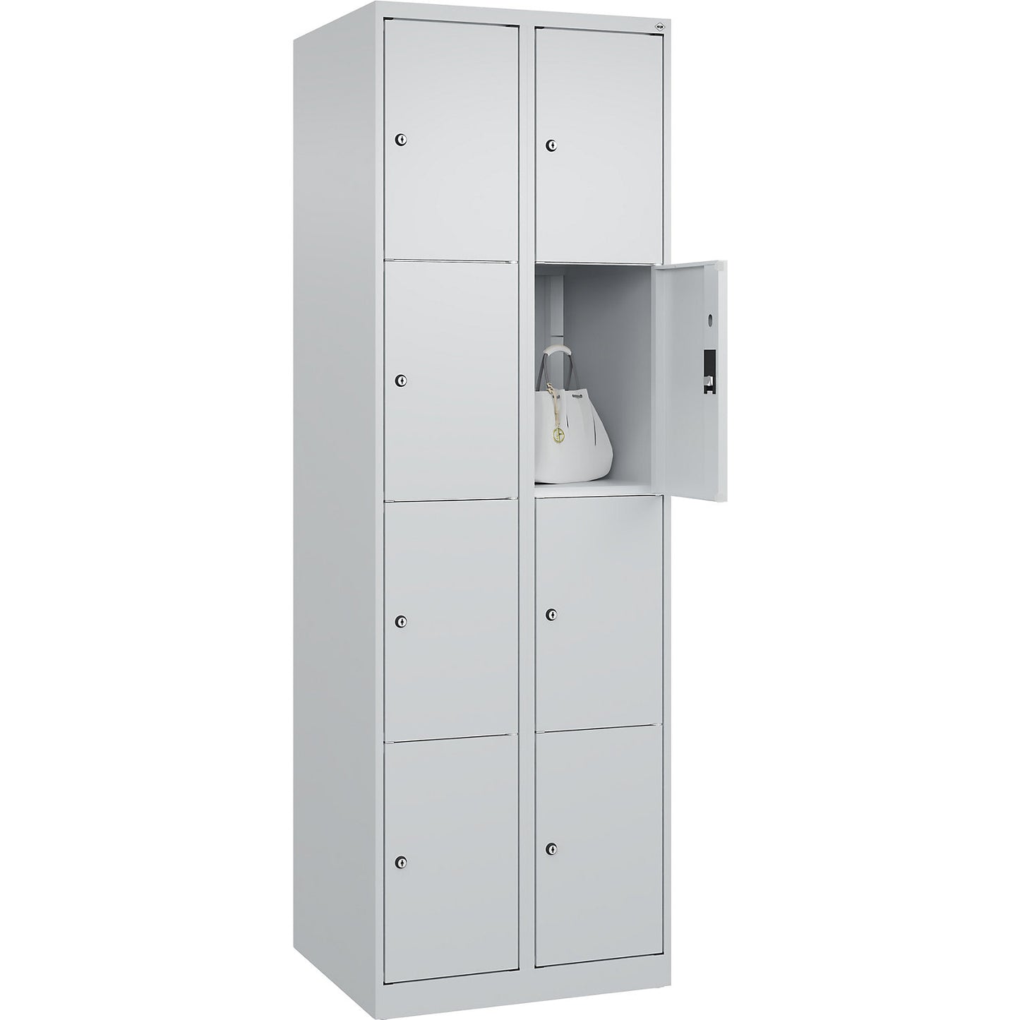 Classic PLUS 4-fold compartment locker, 2 compartments, light grey, W 600 mm, 8 compartments, with floor glides.