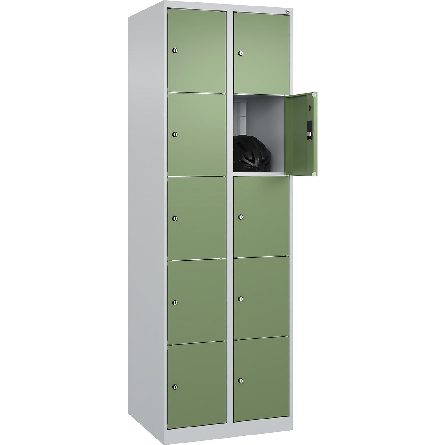 Classic PLUS 5-fold compartment locker, 2 compartments, light grey/reseda green, W 600 mm, 10 compartments, with floor glides.