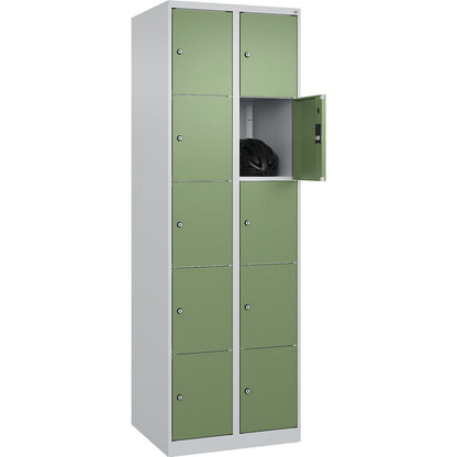 Classic PLUS 5-fold compartment locker, 2 compartments, light grey/reseda green, W 600 mm, 10 compartments, with floor glides.